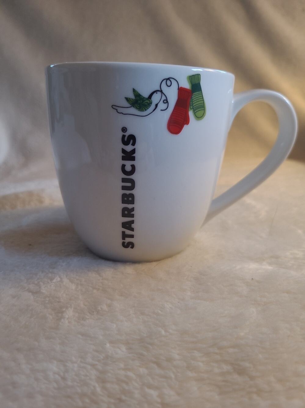 Starbucks Holiday 2011 Coffee Mug - White with Festive Dove & Mittens 13oz